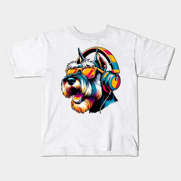 Standard Schnauzer DJ Smiling with Vibrant Beats Kids T-Shirt by ArtRUs